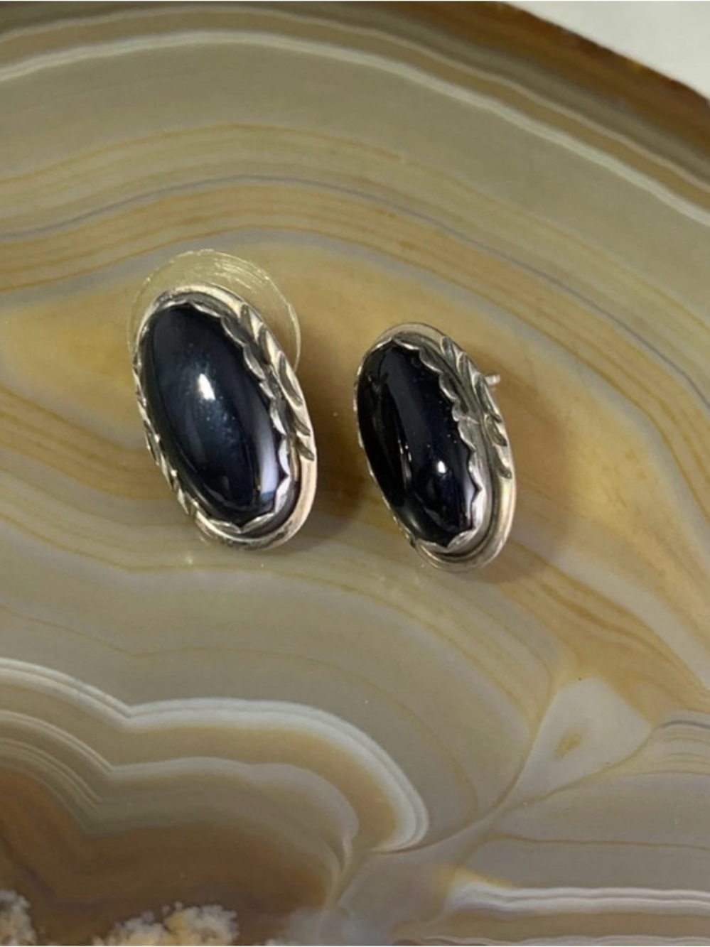 Vintage Sterling Silver Black Onyx Oval Stud Earrings Native Style.